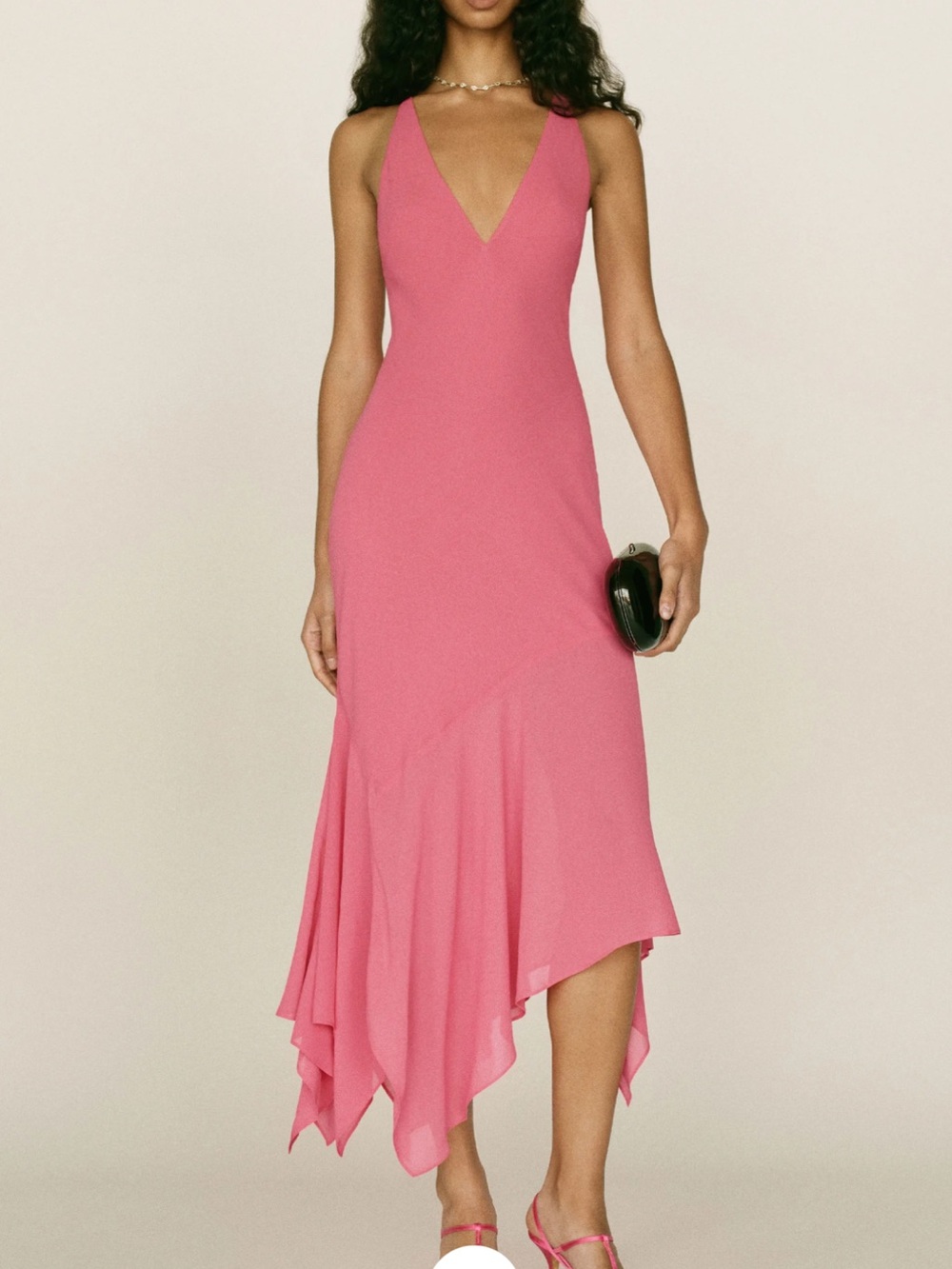 Reformation Pink V-Neck Asymmetrical Midi Dress